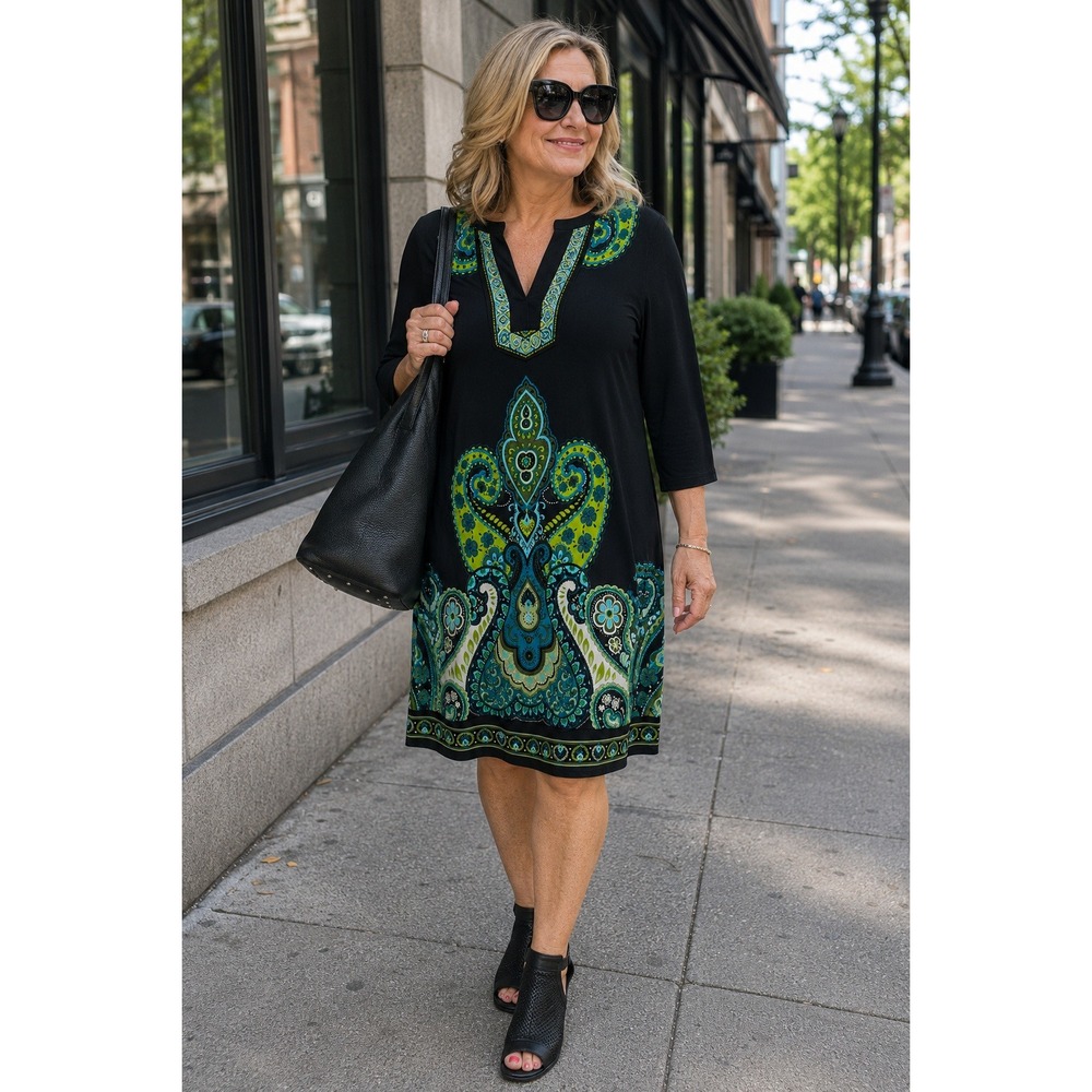 Glamour Paisley Shift Dress Wmns 12 Black Green Blue 3/4 Sleeve Medallion Print